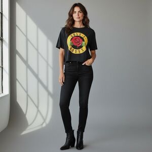 Guns N Roses Crop T Shirt S/M Black Mineral Wash Rock Band Tee Distressed